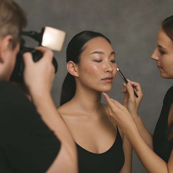 Make-up Masterclass Pro Portfolio in Düsseldorf – Make-up Artist arbeitet am Set, Model wird für Portfolio-Shooting vorbereitet.